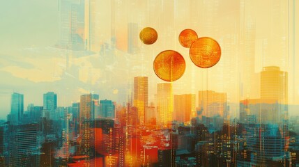 Poster - Coins and digital stock data layered over city skyline, double exposure investment scene