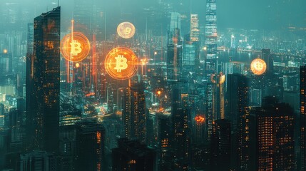 Poster - Coins and digital stock data layered over city skyline, double exposure investment scene