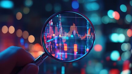 Poster - Data chart under magnifying glass, analyzing market trends and performance metrics