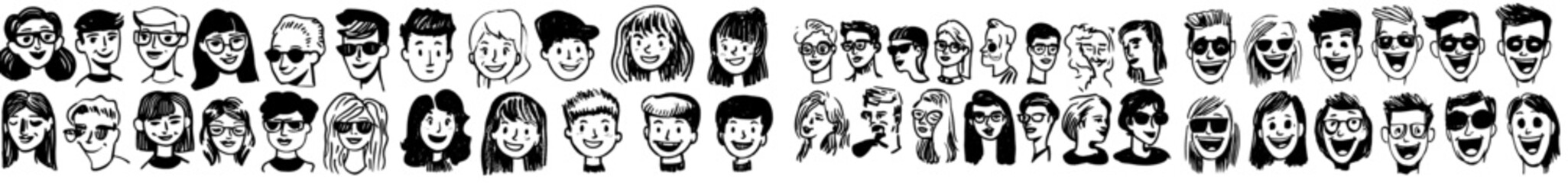 Poster - Various faces of men and women. Different ages, races. Various colorful characters. Crayon drawn style. Flat design emoticons. Modern illustration hand drawn.
