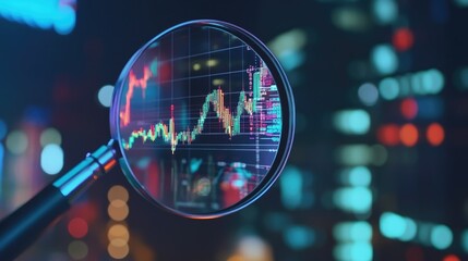 Poster - Data chart under magnifying glass, analyzing market trends and performance metrics