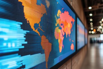 Poster - A vibrant digital display featuring a world map with colorful regions and dynamic data streams enhancing the modern environment.