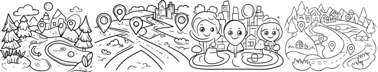 Poster - a hand drawn sketch style location icon, with a pin and gps point pictogram.