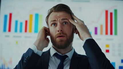Poster - Declining sales chart on screen, businessman with confused look, analyzing performance drop