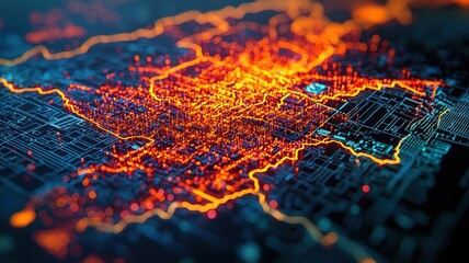 Poster - A vibrant digital representation of an urban area, showcasing glowing lines and points that symbolize connectivity and data flow.