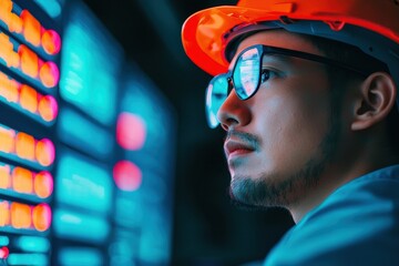 Poster - A focused worker in a hard hat and glasses analyzes digital displays, surrounded by a vibrant, high-tech environment showcasing data.
