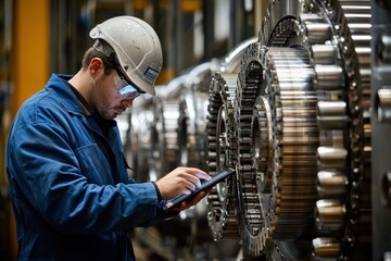 Poster - a worker inspects machinery using a tablet in a factory, showcasing technology and maintenance in an