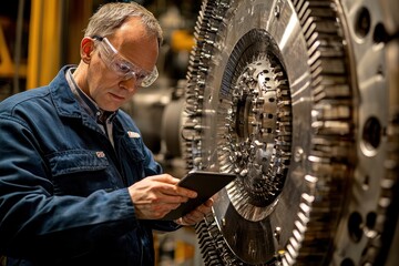 Poster - A technician inspects a large industrial component while using a tablet, wearing safety glasses, in a manufacturing environment.