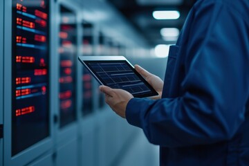 Poster - A technician monitors data on a tablet in a server room filled with blinking lights and equipment.
