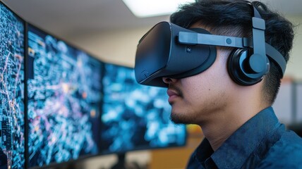 Poster - A young man experiences virtual reality with a headset, surrounded by multiple screens displaying vibrant digital visuals.