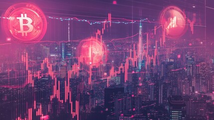 Aufkleber - Double exposure: coins and stock chart over urban skyline, highlighting growth potential