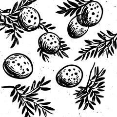 Wall Mural - Easter seamless pattern in black and white with watercolors and ink illustrations of eggs and leaves.