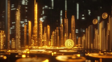 Aufkleber - Financial graph on virtual screen with coins and cityscape in background, investment theme