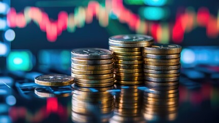 Aufkleber - Financial graph on virtual screen with coins and cityscape in background, investment theme