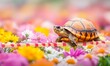 © jambulart - A turtle walks across a colorful flower field.