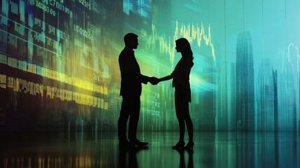 Poster - Two people shaking hands, financial backdrop with stock data, prosperity theme