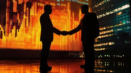 Poster - Two professionals shaking hands, finance-themed backdrop, prosperity and stock market gains