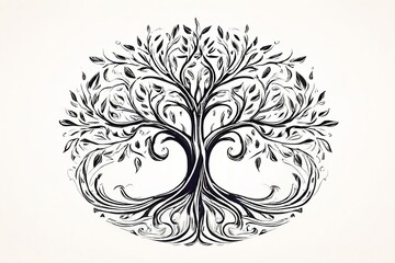 Poster - line art tree with calligraphic elementscalligraphic lines and f