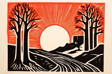 Poster - lino print carved linoleum blocks printed with ink resulting in