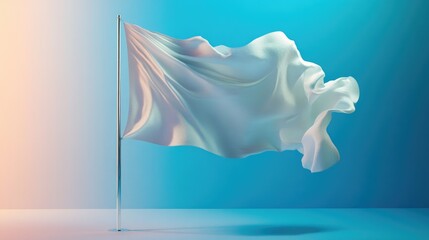 Poster - Waving cotton flag, empty and realistic texture, chrome stand for brand promotion