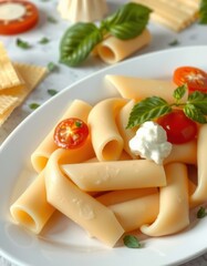 A plate of pasta with tomatoes and basil on a white background