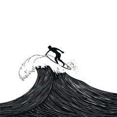 Surfboarder riding a wave black and white illustration