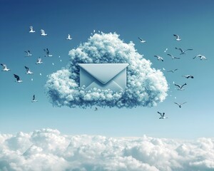 Aufkleber - ethereal email icon floating amidst wispy clouds and soaring birds in bright blue sky