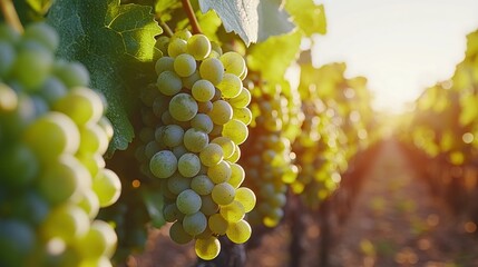 Wall Mural - green grapes hanging on vine in a vineyard with sunlight shining through the rows.