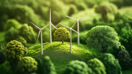 Green Energy Concept - 3D Rendering Wind Turbine and Forest for Energy Generation on Island on Green Background. Vector Illustration.