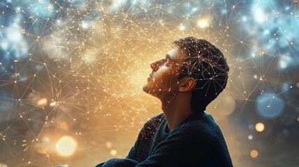 Poster - Contemplative student immersed in complex network of thoughts abstract digital concept, Ai