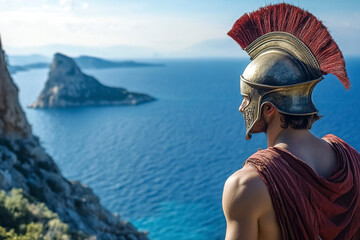 Epic View of a Greek Soldier in red armor by the Coastline