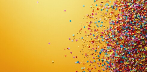 Colorful confetti spread out across a bright yellow background, perfect for celebrations and parties