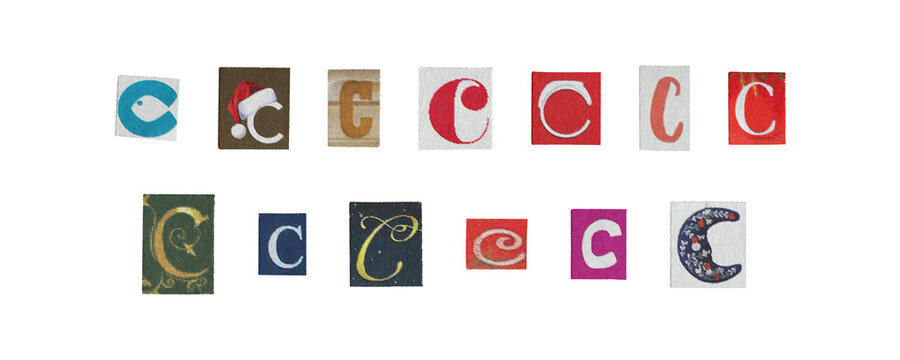 Set of isolated cut-out letter “C” from magazines on a transparent background, retro y2k style