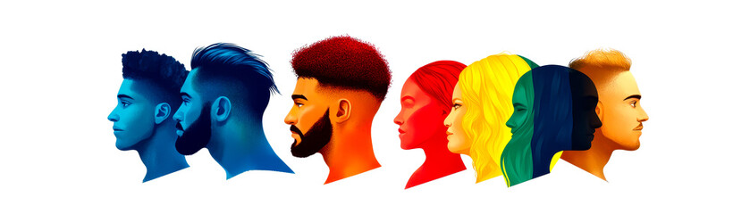 Colorful silhouettes of diverse individuals representing various hairstyles and identities, ideal for themes of individuality and social diversity, set against a clean white backgr