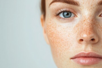 Close-up portrait of a woman with freckles and blue eyes, natural beauty.