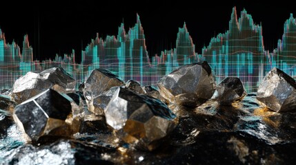 Poster - Metallic Rocks on Dark Surface with Data Visualization Background
