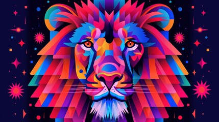Poster - abstract lion composed of colorful geometric patterns 2d illustration. leo animal face against dark 