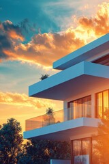 Wall Mural - Modern building architecture against a vibrant sunset sky with colorful clouds in the evening