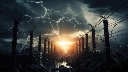 Design a powerful image of a prison fence during a storm, with rain pouring down and lightning illuminating the jagged wire, enhancing the atmosphere of bleakness and confinement