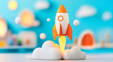 Wall Mural - rocket launch startup success: a vibrant 3d render of a rocket launching into a bright blue sky, sym