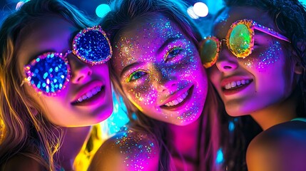 Poster - Young Women Celebrating at Night Party with Glow in the Dark Glitter and Stylish Sunglasses : Generative AI