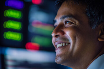 Poster - Smiling professional analyzing data in a control room at night