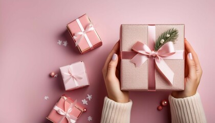  female hands holding christmas gift boxes on pink background