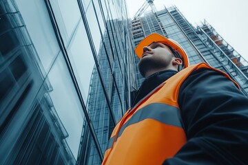 Aufkleber - Construction Worker in Orange Safety Gear Inspects High-Rise Building : Generative AI