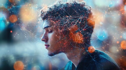 Poster - Contemplative student immersed in complex network of thoughts abstract digital concept, Ai