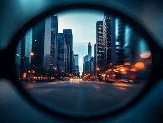 Aufkleber - Urban Cityscape Viewed Through Artistic Glasses Lens in Evening Light : Generative AI