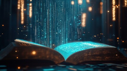 Poster - magical book with illuminated data streams
