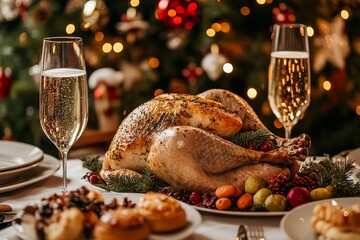 Beautifully set Christmas dinner table with roasted turkey, vegetables, pastries, and champagne glasses, with a decorated tree in the background.