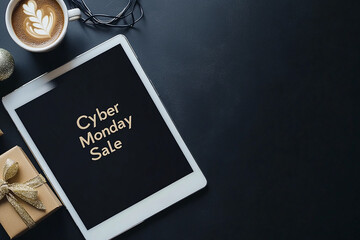 Poster - A tablet with the text Cyber Monday Sale on it, next to an coffee cup