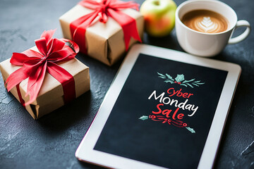 Poster - A tablet with the text Cyber Monday Sale on it, next to an coffee cup
